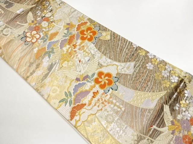JAPANESE KIMONO / FUKURO OBI / WOVEN CRANE WITH FLOWER & PINE